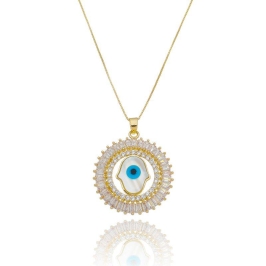 COLAR MANDALA MÃO DE FÁTIMA/OLHO GREGO OURO AMARELO