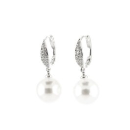 BRINCO ARGOLA FINA CRAVEJADA COM PÊNDOLO DE PÉROLA