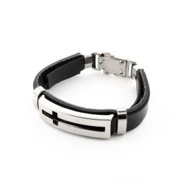 PULSEIRA DE COURO CRUZ VAZADA ACO INOX