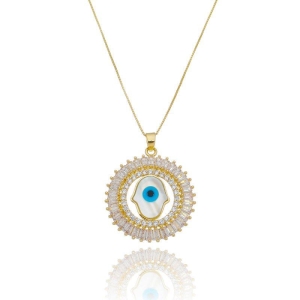 COLAR MANDALA MÃO DE FÁTIMA/OLHO GREGO OURO AMARELO