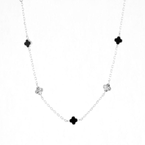 COLAR TREVO LONGO ONIX E TREVO PRATA