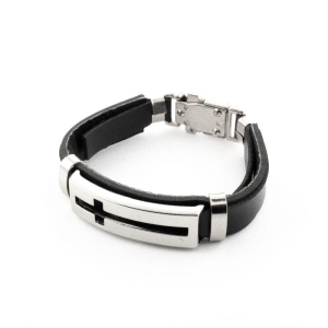 PULSEIRA DE COURO CRUZ VAZADA ACO INOX