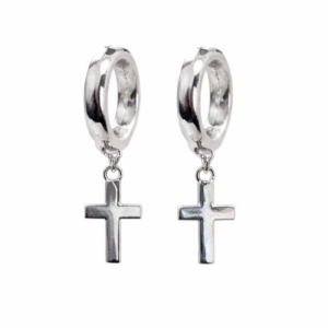 BRINCO ARGOLINHA PENDULO CRUZ LISA SEMI PRATA