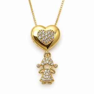 COLAR CORACAO CRAVEJADO PINJENTE MENINA SEMI OURO