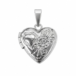 PINGENTE RELICARIO CORACAO FLOR DETALHADA SEMI PRATA - P