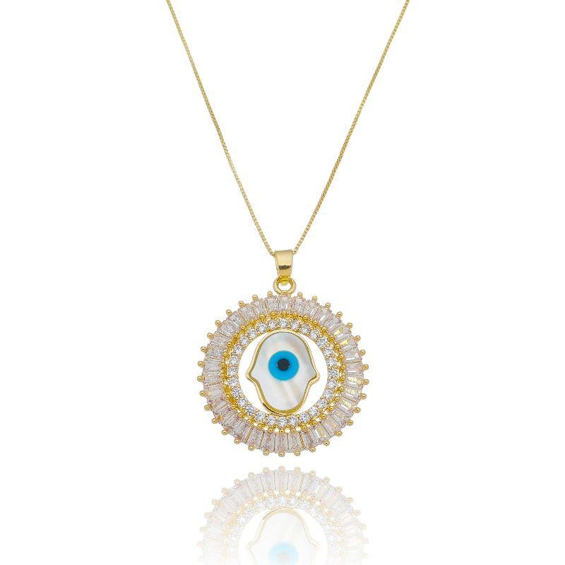 COLAR MANDALA MÃO DE FÁTIMA/OLHO GREGO OURO AMARELO