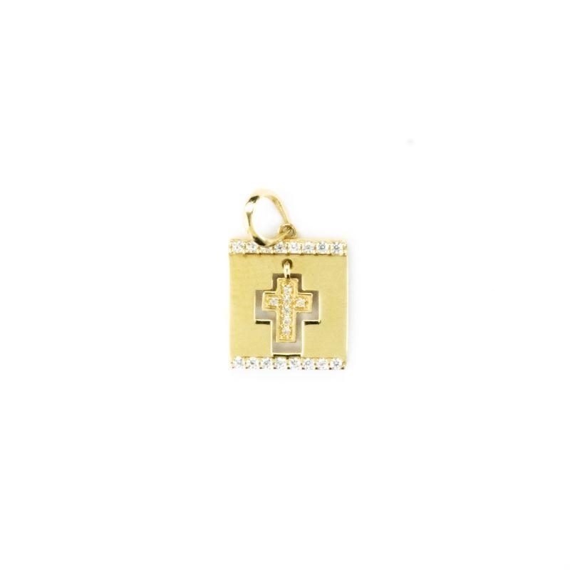PINGENTE PLACA CRUZ CRAVEJADA OURO 18K