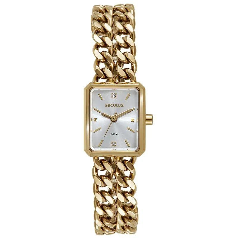 Relógio Feminino Quadrado Corrente Dupla Dourado