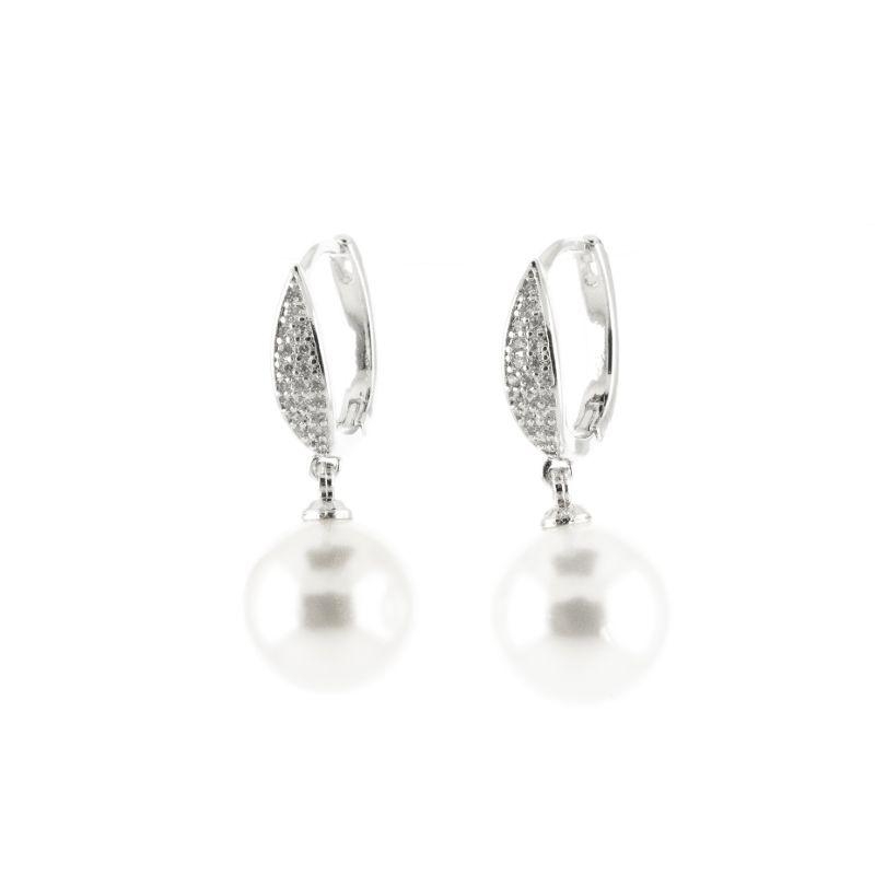 BRINCO ARGOLA FINA CRAVEJADA COM PÊNDOLO DE PÉROLA