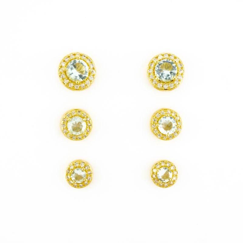 TRIO DE BRINCOS ÁGUA MARINHA CRAVEJADO OURO AMARELO