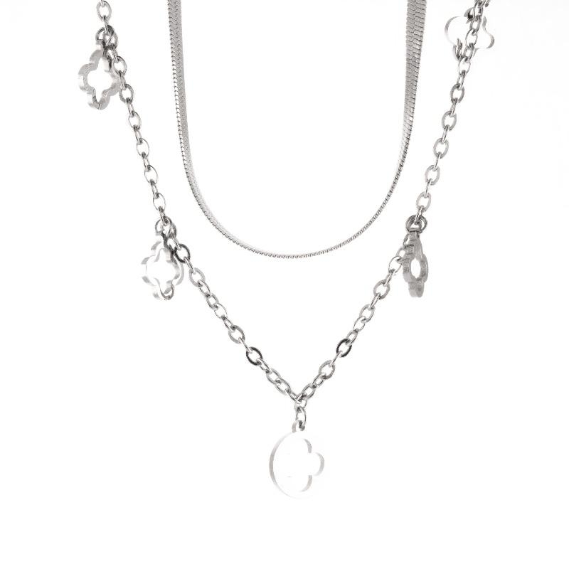 COLAR DUPLO TREVOS LISOS SEMI OURO BRANCO 45CM