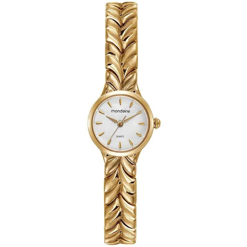 Relógio Feminino Dourado Metal Redondo Mostrador Branco
