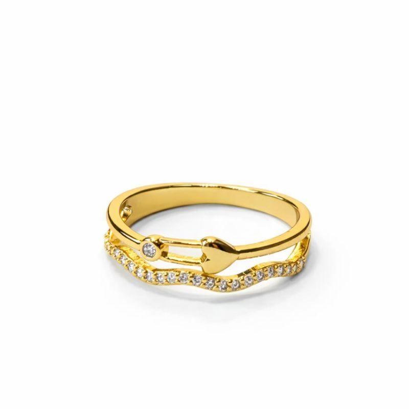 ANEL CORAÇÃO DOIS AROS ENTRELAÇADOS CRAVEJADO SEMI OURO