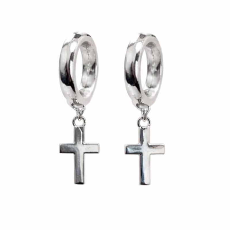 BRINCO ARGOLINHA PENDULO CRUZ LISA SEMI PRATA