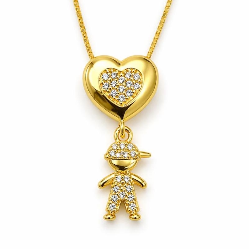 COLAR CORACAO CRAVEJADO PINJENTE MENINO SEMI OURO