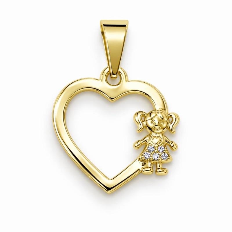 PINGENTE CORACAO VAZADO COM MENINA SEMI OURO