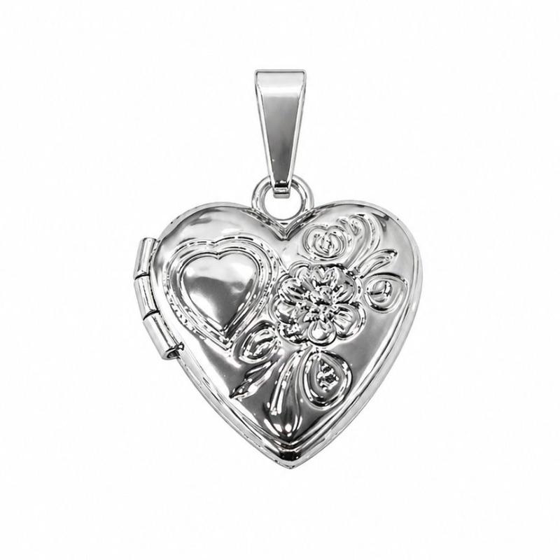 PINGENTE RELICARIO CORACAO FLOR DETALHADA SEMI PRATA - P