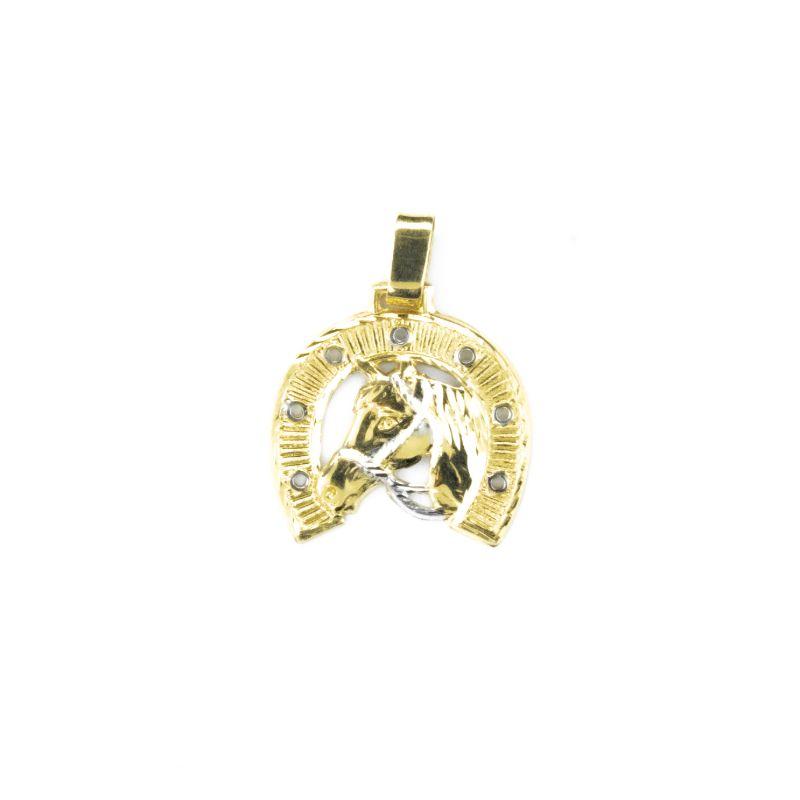 PINGENTE FERRADURA E CAVALO DIAMANTADO  COM DETALHES NO OURO BRANCO  2,30CM OURO 18K