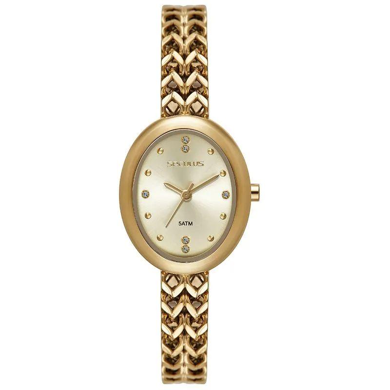 Relógio Feminino Oval Dourado Pulseira Corrente Dourado Seculus