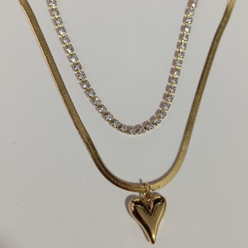 COLAR DUPLO MALHA 45CM CM PINGENTE DE CORAÇÃO E RIVIRA 40CM MAIS 5CM DE EXTENSOR BANHADO NO OURO AMARELO
