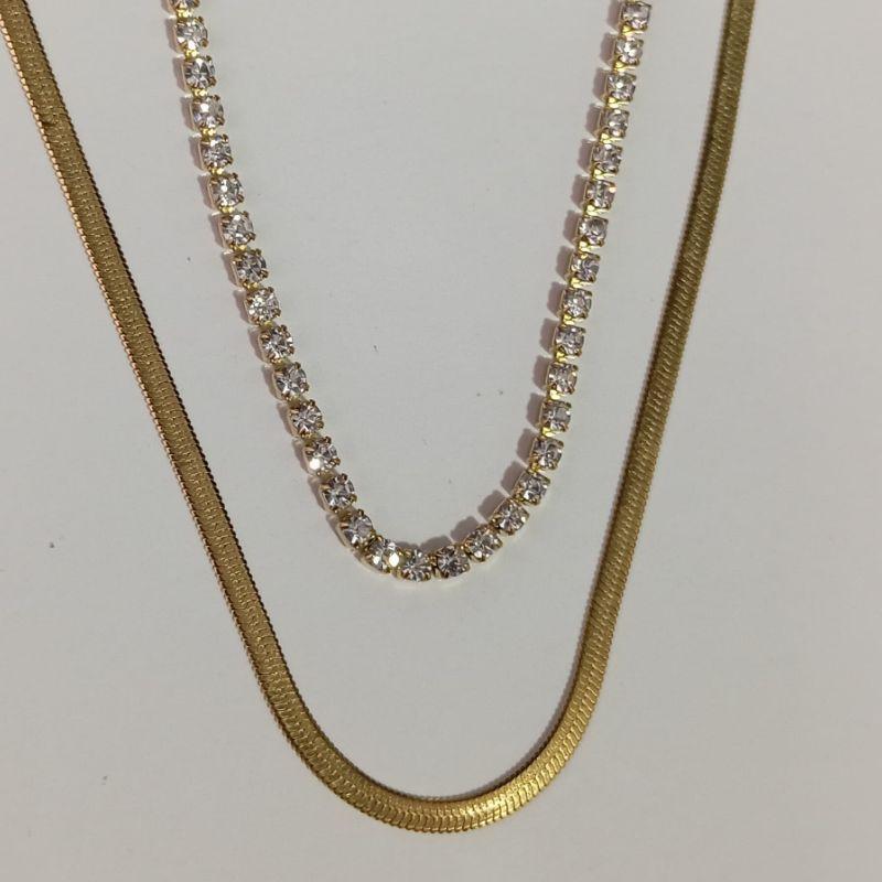 COLAR DUPLO MALHA 45CM E RIVIERA 40CM MAIS 5CM DE EXTENSOR BANHADO NO OURO AMARELO