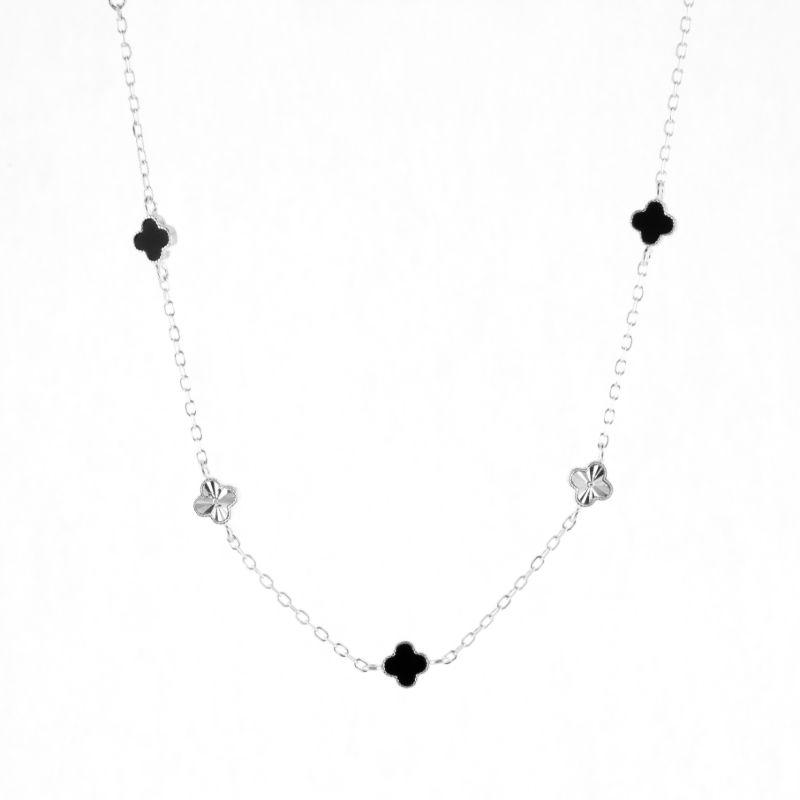 COLAR TREVO LONGO ONIX E TREVO PRATA