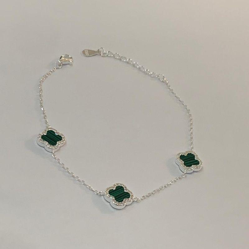 PULSEIRA 3 TREVOS MALAQUITA M COM CONTORNO CRAVEJADO ZIRCÔNIAS PRATA 925
