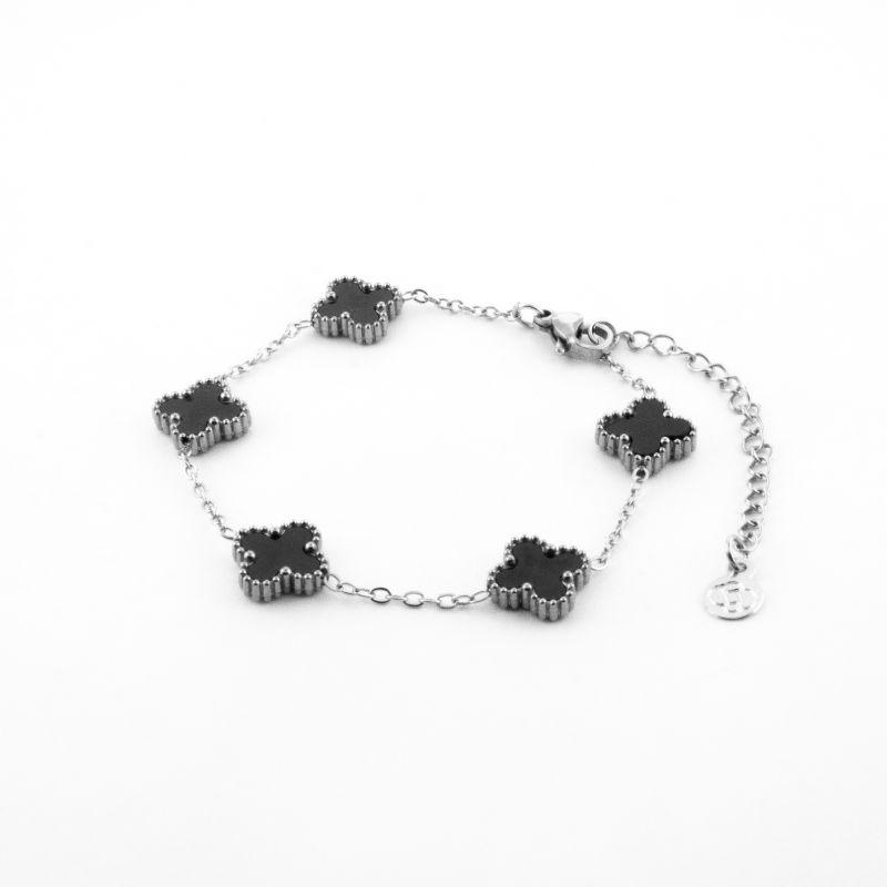 PULSEIRA 5 TREVOS ONIX 17CM MAIS 5CM DE EXTENSOR BANHADA NO OURO BRANCO