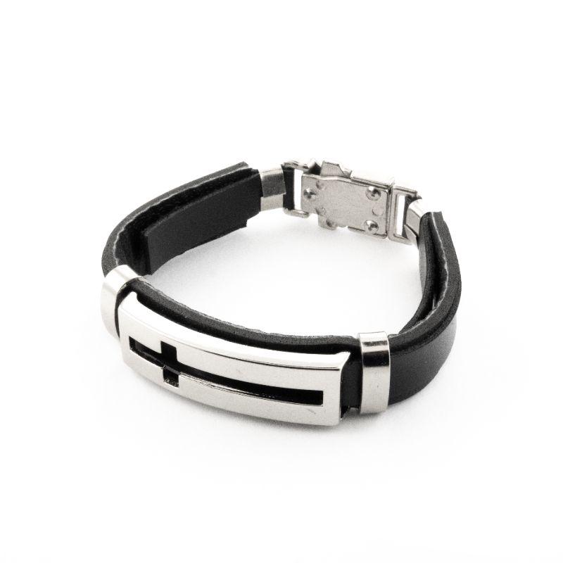 PULSEIRA DE COURO CRUZ VAZADA ACO INOX