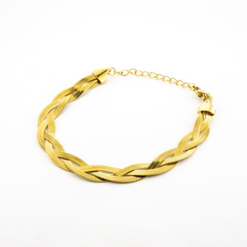 PULSEIRA DUPLA MALHA LAMINADA TRANÇADA 18CM MAIS 5CM DE EXTENSOR BANHADA NO OURO AMARELO