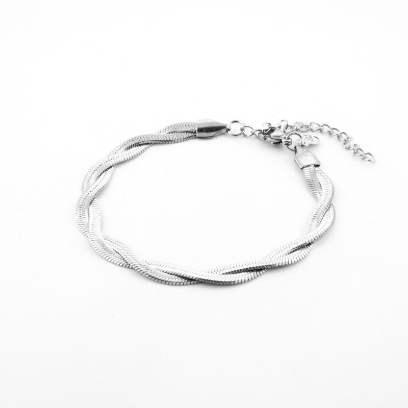 PULSEIRA DUPLA MALHA LAMINADA TRANÇADA COM 18CM MAIS 5CM DE EXTENSOR BANHADA NO OURO BRANCO