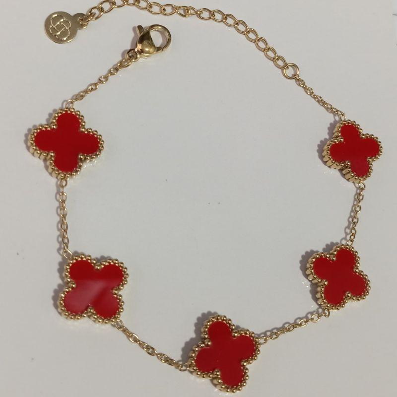 PULSEIRA TREVO VERMELHO 16CM MAIS 5CM DE EXTENSOR BANHADA NO OURO AMARELO