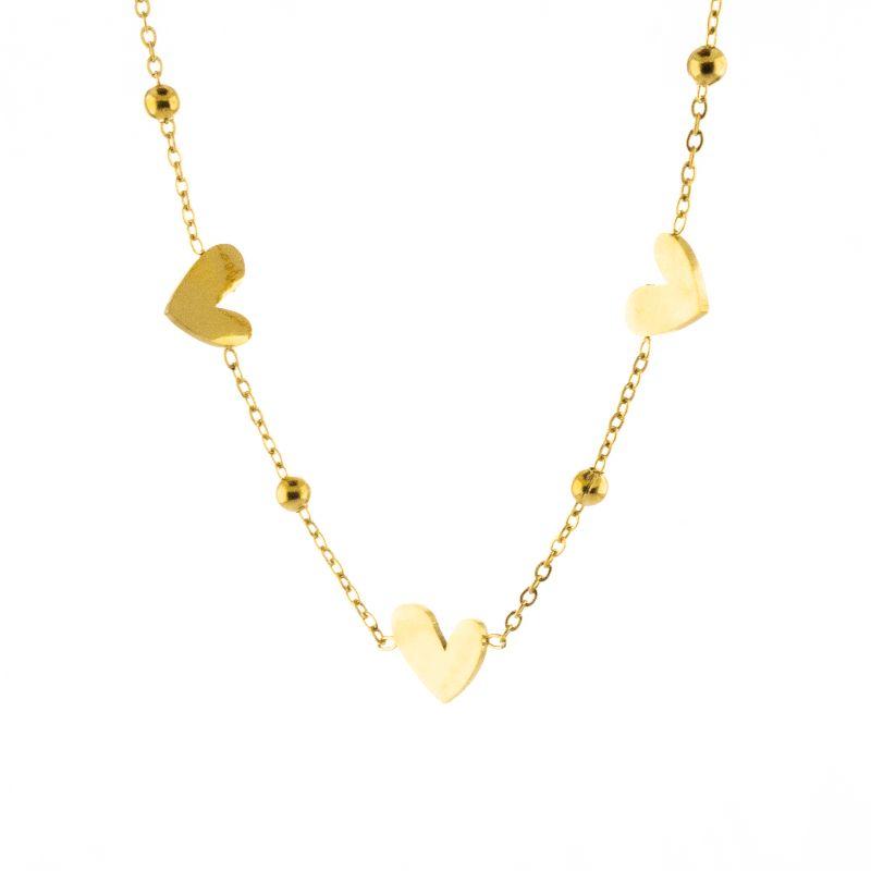 COLAR CORAÇÕES LISOS E BOLAS INTERCALADAS  45CM / 5CM DE EXTENSOR SEMIJOIA