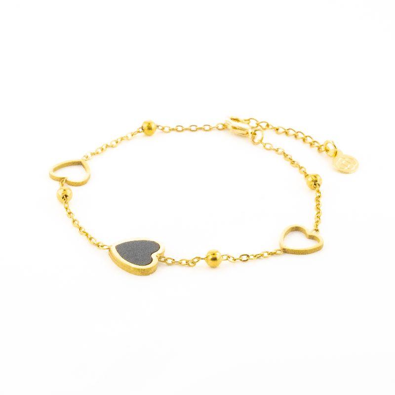 PULSEIRA TRÊS CORAÇÕES UM ONIXE DOIS VAZADO 17CM / 3CM DE EXTENSOR SEMIJOIA