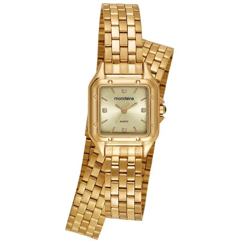 Relógio Feminino Dourado Aço Quadrado Champagne Index