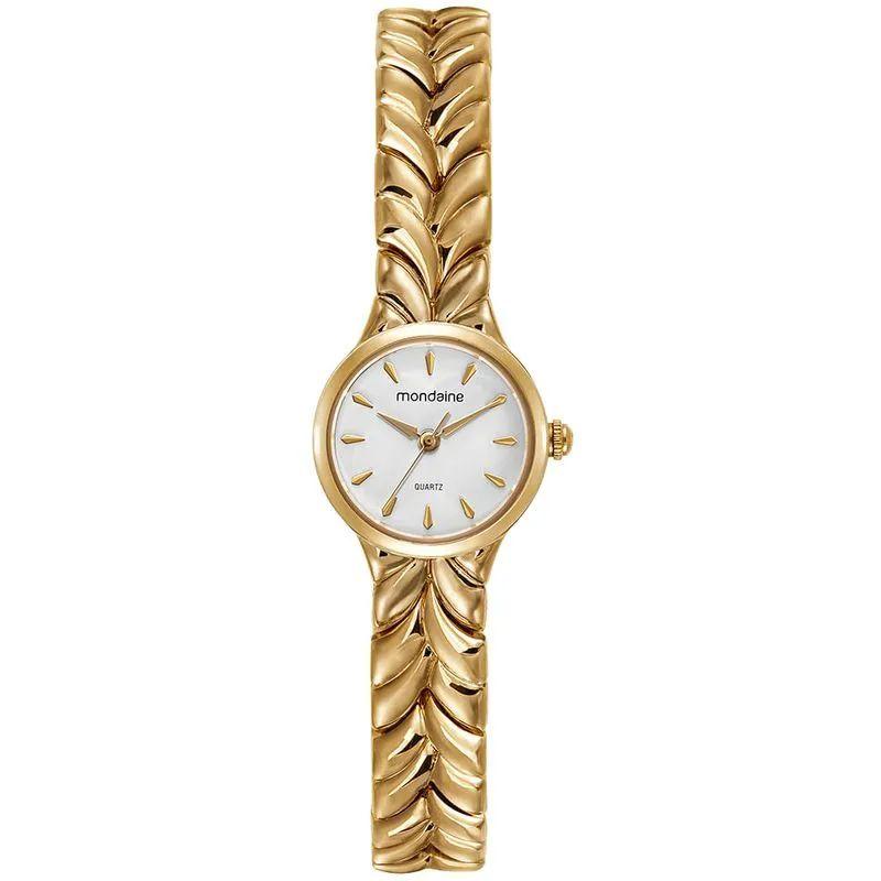 Relógio Feminino Dourado Metal Redondo Mostrador Branco