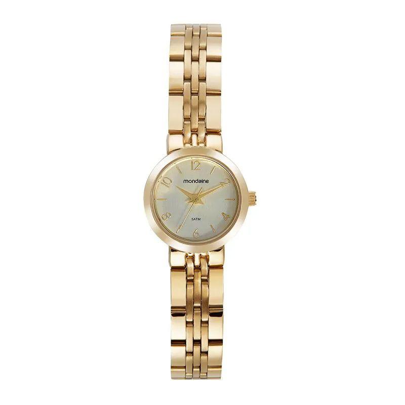 Relógio Feminino Visor Aço Escovado Dourado com 1 Colar Coração Cravejado