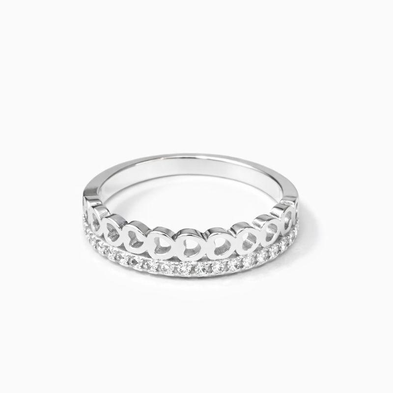 ANEL DUPLO ELO CORAÇÃO/FILEIRA DE ZIRCONIAS SEMI PRATA