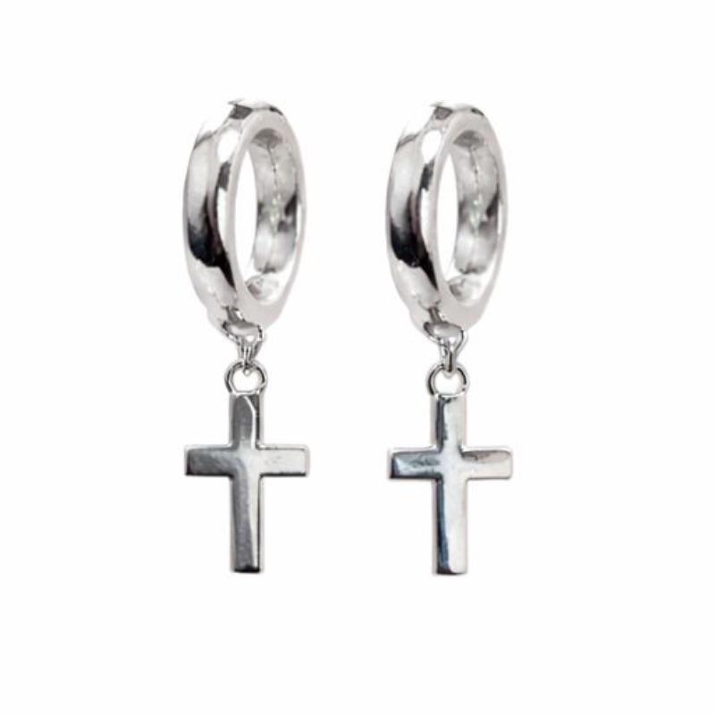 BRINCO ARGOLINHA PENDULO CRUZ LISA SEMI PRATA
