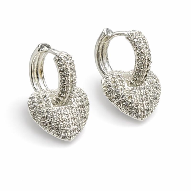 BRINCO CORACAO 2 EM 1 ARGOLA CRAVEJADO SEMI PRATA