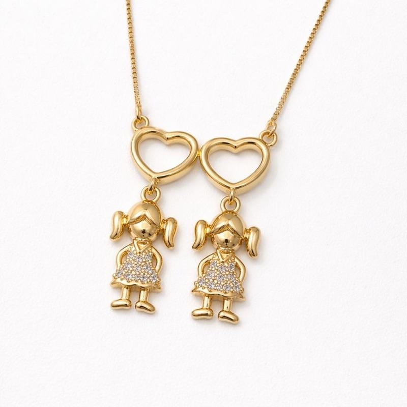 COLAR CANGA CORACAO 2 MENINAS SEMI OURO