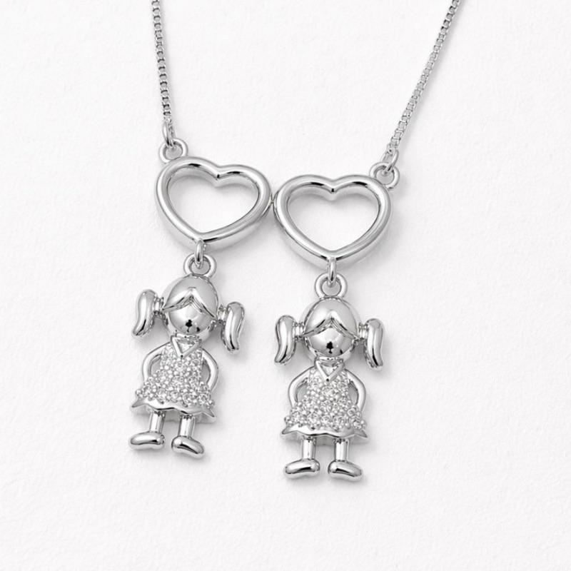 COLAR CANGA CORACAO 2 MENINAS SEMI PRATA