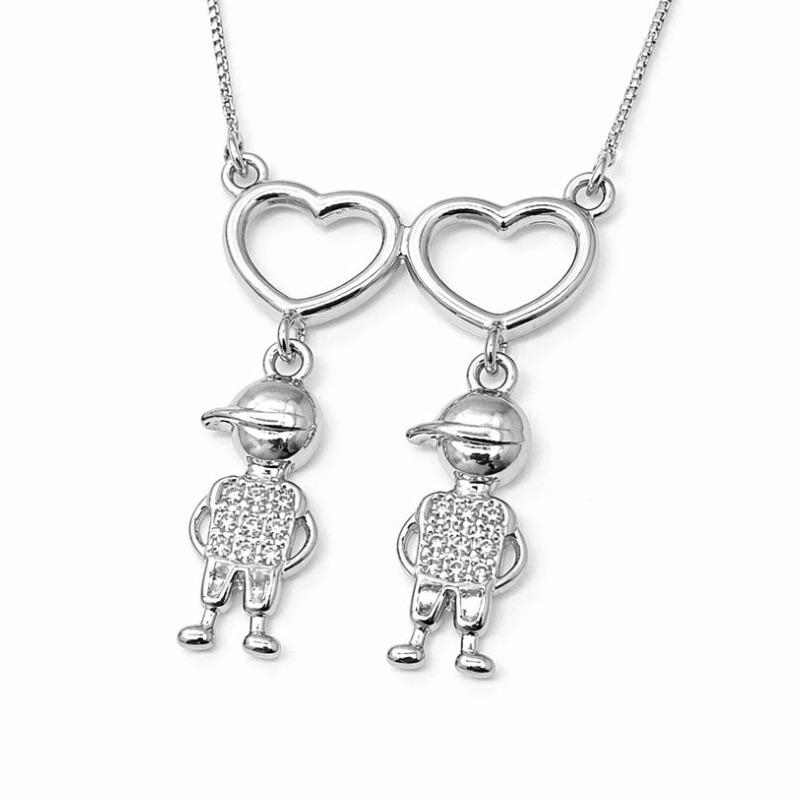 COLAR CANGA CORACAO 2 MENINOS SEMI PRATA