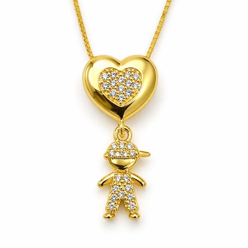 COLAR CORACAO CRAVEJADO PINJENTE MENINO SEMI OURO