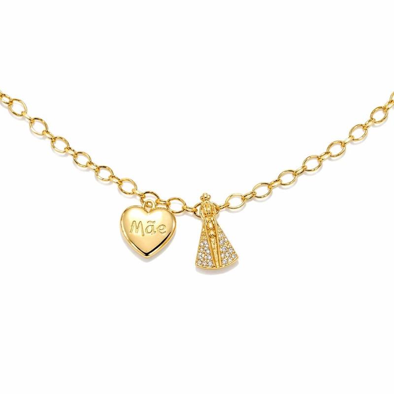 PULSEIRA ELOS PINGENTE CORAÇÃO MÃE E NOSSA SENHORA SEMI OURO