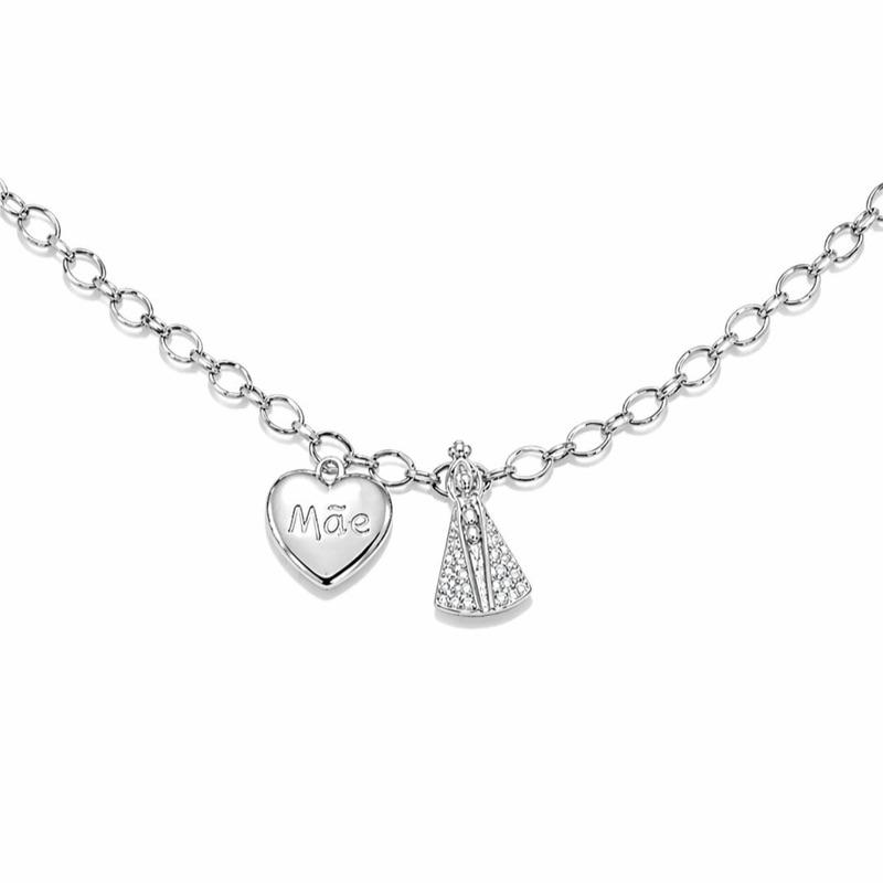 PULSEIRA ELOS PINGENTE CORAÇÃO MÃE E NOSSA SENHORA SEMI PRATA